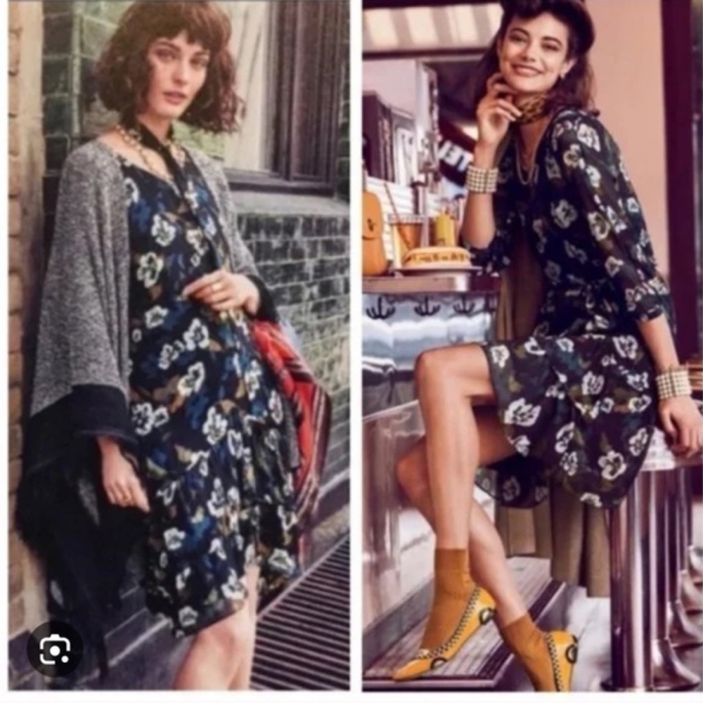 CAbi Pirouette Dress Floral Print Dark Blue Ruffle Hem Semi Sheer Sleeves Size M